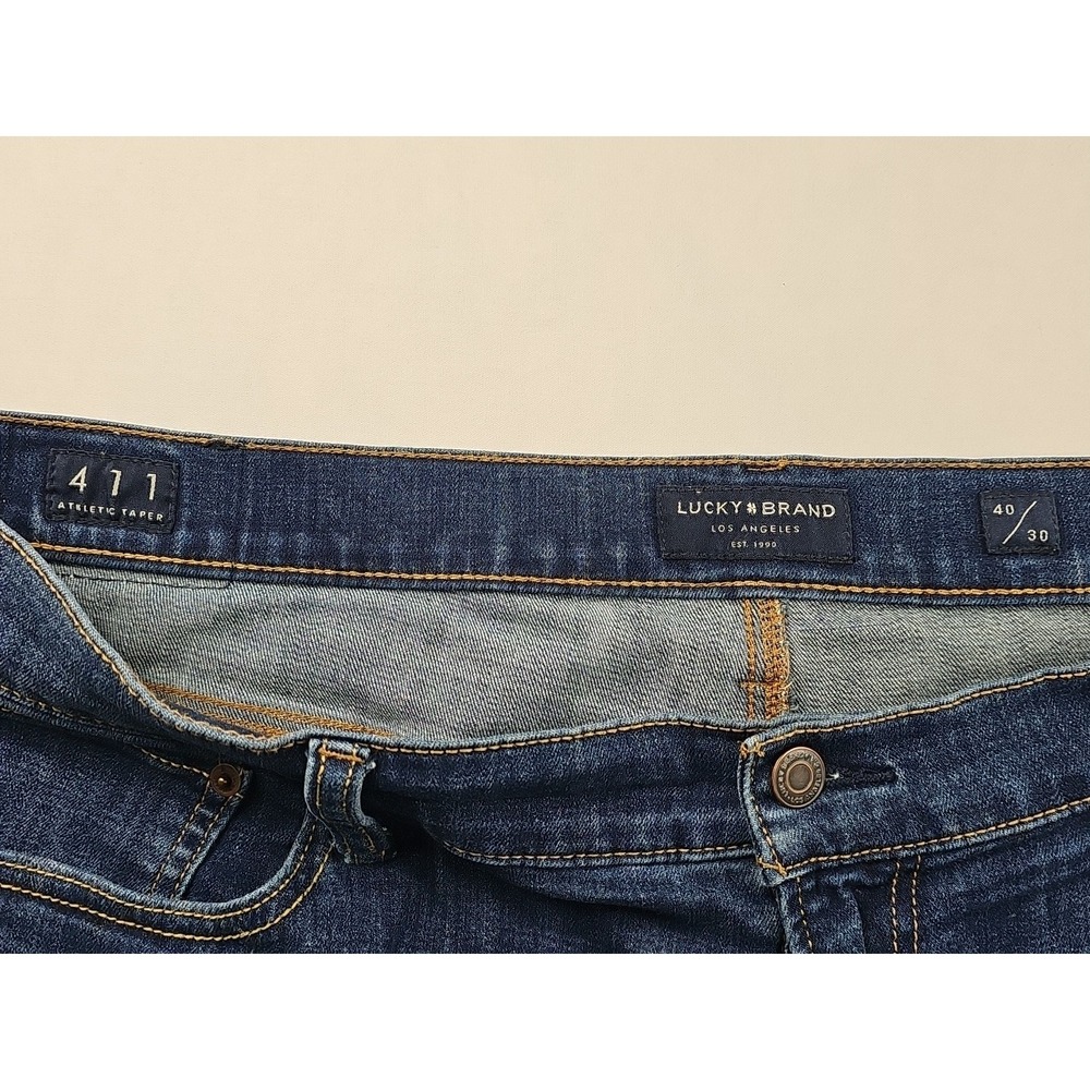 Lucky Brand 411 Athletic Taper Jeans Mens 40x30 Blue Distressed Advanced Stretch - Picture 3 of 16